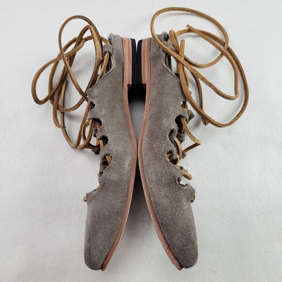 Freebird Enya Lace Up Flat Women 9 Beige Leather Boho Ankle Tie Pointed Toe Shoe - Picture 8 of 15